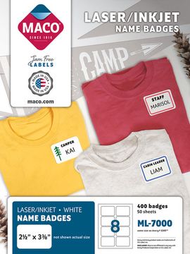 Laser/Inkjet White Name Badges, 2-1/3" x 3-3/8", 8/Sheet, 400 Badges/Bx | Maco by MA.CO. Sofa & Bed