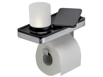 FRAME CHROME BLACK - Metal toilet roll holder with shelf by Coram