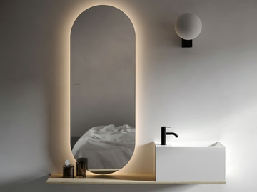 NORM - Oval wooden mirror with integrated lighting with shelf by INBANI