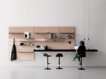 AVENUE BOISERIE - Boiserie in fabric, laminate and wooden and metal shelves by Kristalia