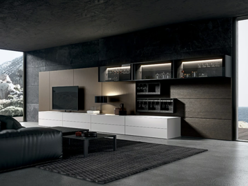 MH6 - Wooden and aluminum storage wall with integrated lighting by MODULNOVA