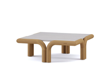 IMANE - Square iroko garden side table with travertine top by Paolo Castelli