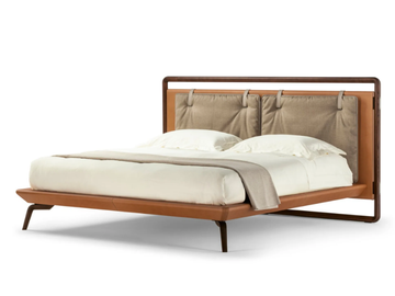 VOLARE DUE - Leather double bed with fabric upholstered headboard by Poltrona Frau