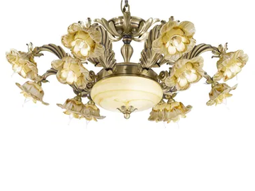 BELINDA 560/8+4+2 - Antique brass chandelier with amber glass by Possoni Illuminazione