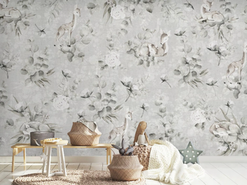 BAMBI FEAT EUCALYPTUS - GRAY - Kids wallpaper with floral pattern by Studijo