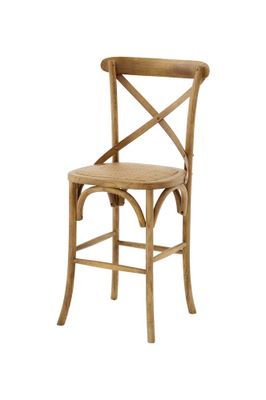 French Cross Back Breakfast Stool With Rattan Seat in Oak Stain