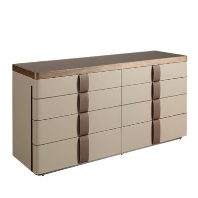 Chest of drawers faux leather, walnut, base steel pulido and tapa glass fume brown