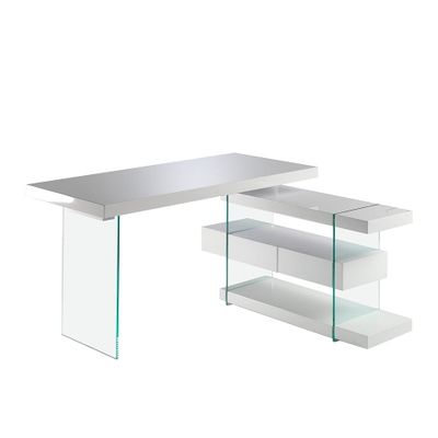 Desk wooden white and tempered glass