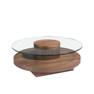 Coffee table round tempered glass and wood walnut