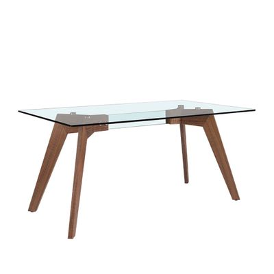 Dining table rectangular tempered glass and wood walnut