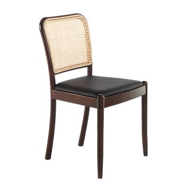 Chair upholstered in faux leather with backrest in rattan and legs in wood walnut