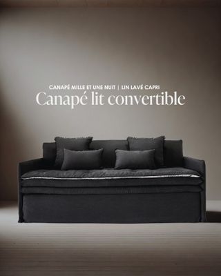 Canapé lit convertible Mille Et Une Nuit 200 cm en lin lavé Capri gris carbone & velours Tsar écorce / Fabriqué en France