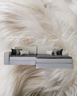Canapé méridienne L-HUI 310 cm en lin lavé Capri et velours Tsar
