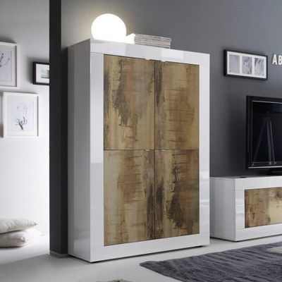 Credenza madia 4 ante soggiorno bianco lucido e legno Novia BW Basic