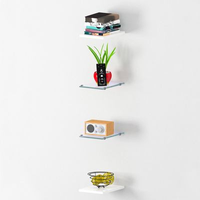 Set 4 mensole a muro legno e vetro design pareti soggiorno Joy Wall