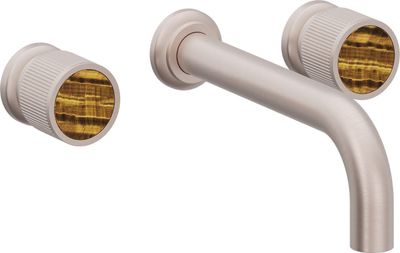Two Handle Lavatory Wall Faucet Trim Only, with Tiger Eye Gemstone Handle Cap