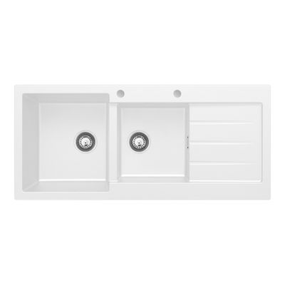 Kuro Granite 32L/22L Double Kitchen Sink with Drainer, Left Bowl, 2 Tap Holes, Matte White