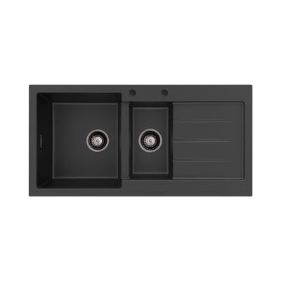 Kuro Granite 32L/14L Double Kitchen Sink with Drainer, Left Bowl, 2 Tap Holes, Matte Black