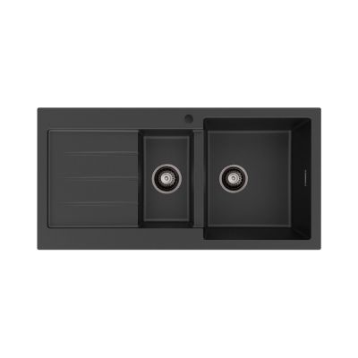 Kuro Granite 32L/14L Double Kitchen Sink with Drainer, Right Bowl, 1 Tap Hole, Matte Black