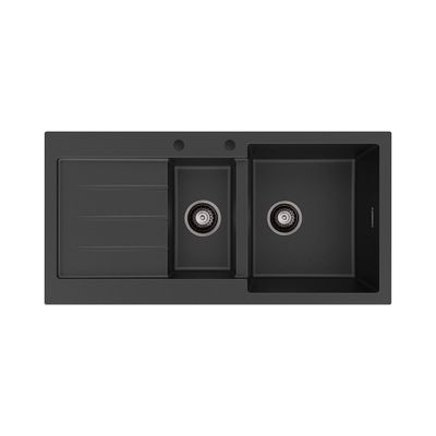 Kuro Granite 32L/14L Double Kitchen Sink with Drainer, Right Bowl, 2 Tap Holes, Matte Black
