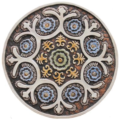 Ceramic Wall Art circle Matt Blue Suzani #1 [30cm/11.8"]