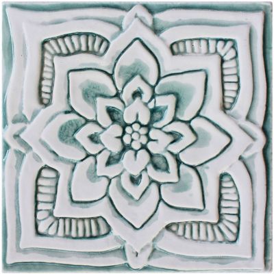 Handmade tile aqua white mandala #3 [15cm/5.9"]