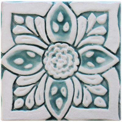 Handmade tile aqua white suzani #2 [15cm/5.9"]
