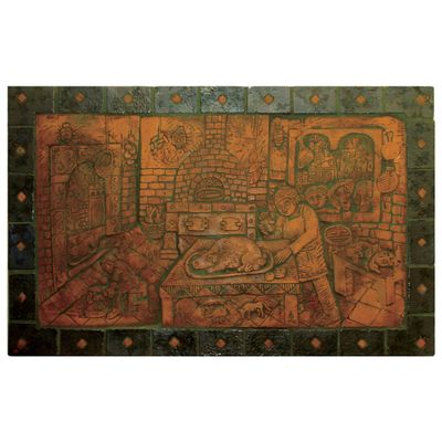 Handmade tile ceramic wall art kitchen scene