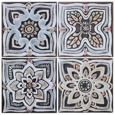 Handmade Tile matt brown set4 Mandala [15cm/5.9"]