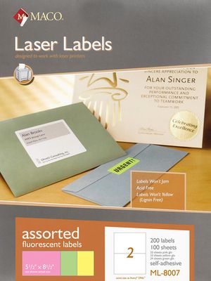Laser Assorted Neon Labels, 5-1/2" x 8-1/2", 2/Sheet, 200 Labels/Bx | Maco