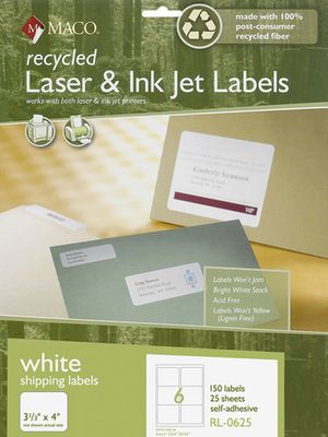 Recycled Laser/Inkjet White Shipping Labels, 3-1/3" x 4", 6/Sheet, 600/Bx | Maco