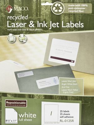 Recycled Repositionable Laser/Inkjet Full Sheet Labels, 8.5"x11", 1/Sheet, 25/Pk | Maco