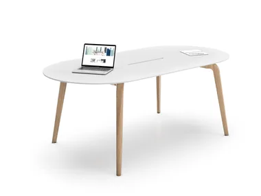 WOODLEG - Oval wooden office desk with cable management _ Cider Edition