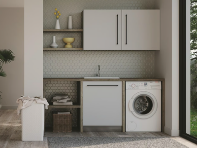 SMARTOP - COMPOSITION 14 - Sectional melamine-faced chipboard laundry room cabinet with sink for washing machine _ COLAVENE