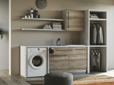 SMARTOP - COMPOSITION 15 - Sectional melamine-faced chipboard laundry room cabinet with sink for washing machine _ COLAVENE