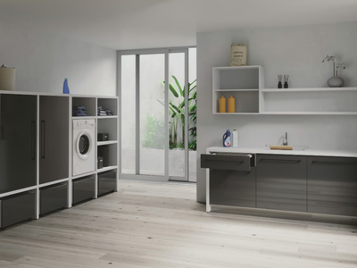 SMARTOP - COMPOSITION 16 - Sectional melamine-faced chipboard laundry room cabinet with sink for washing machine _ COLAVENE