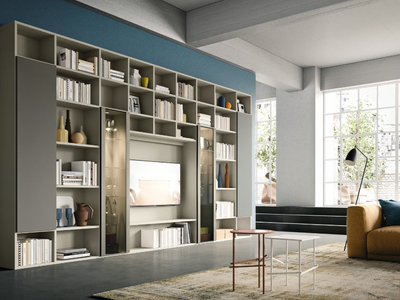 DAY SYSTEM 03 - Contemporary style wall-mounted wooden bookcase with built-in lights with TV stand _ Composit