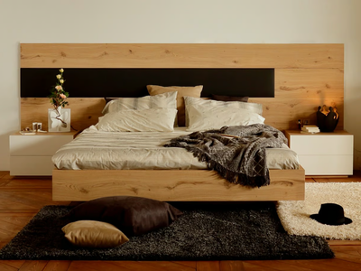 FLY - Suspended oak bed with integrated nightstands _ Deodara