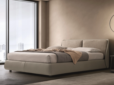 BEND - Leather bed with upholstered headboard