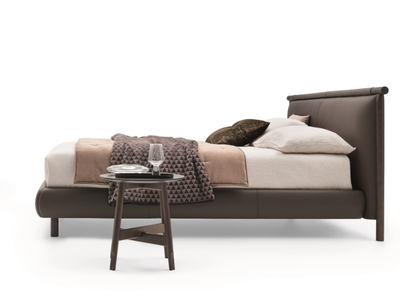 NATHAN - Leather bed with upholstered headboard