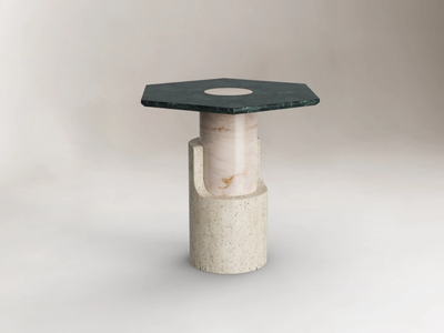BRAQUE TRAVERTINE - Hexagonal marble high side table _ DOOQ