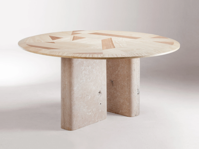 L'ANAMOUR - Dining table with wooden top and travertine base _ DOOQ