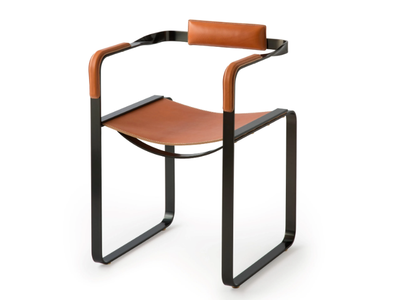 WANDERLUST - Sled base tanned leather and steel chair with armrests _ Jover+Valls