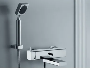 MARK - Wall-mounted chromed brass bathtub mixer with hand shower _ JUSTIME