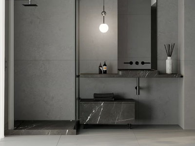 TUAMOTU SINGLE - Wall-mounted Grey Kendzo marble washbasin with drawers _ Maami Home