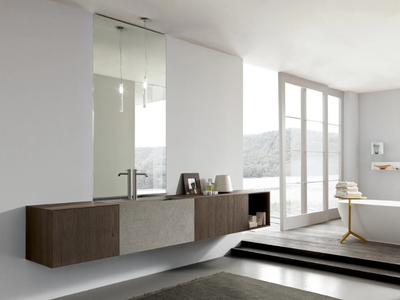 MORE - Single wall-mounted oak vanity unit with mirror _ MODULNOVA