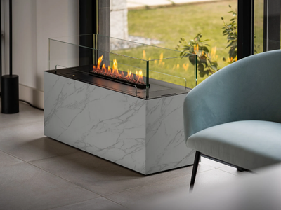 CALACATTA BOX - Open bioethanol freestanding Dekton® fireplace _ Planika