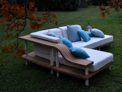 OCEANO - Corner modular fabric, teak and steel garden sofa _ Rever
