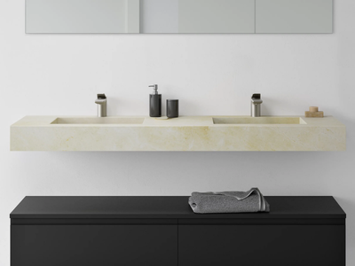 CREMA MARFIL - Wall-mounted double washbasin with integrated countertop _ RILUXA