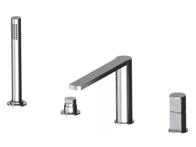 BORGIA 89029A - 4 hole single handle stainless steel bathtub tap with hand shower _ Rubinetterie Frattini